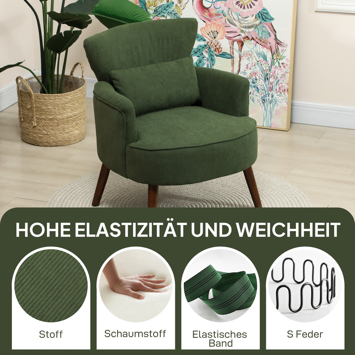 HOMCOM Moderner Armlehnstuhl, Gepolsterter Akzentstuhl mit Lendenkissen, Grün – Produktabbildung 4