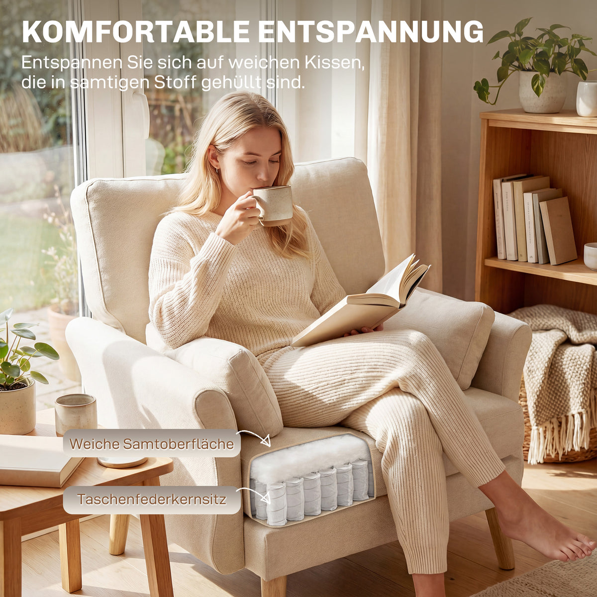 HOMCOM Samtgepolsterter Sessel, Übergroßer Akzentstuhl mit Holzbeinen, Lesesessel für Wohn- und – Produktabbildung 4