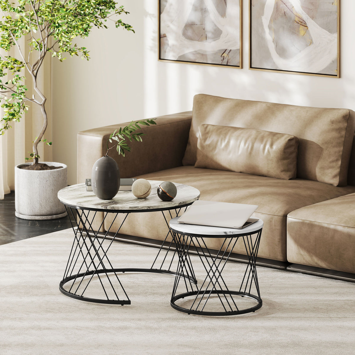 HOMCOM Couchtische im 2er-Set, Marmoroptik, Spanplatte, Metall, runde Kaffeetische für Wohnzimmer – Produktabbildung 2