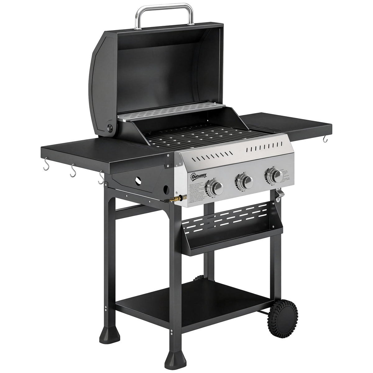 Outsunny Gasgrill 9 KW 3 Brenner BBQ Grillwagen Edelstahl inkl klappbar Seitentisch Gewürzhalter Unterregal 6