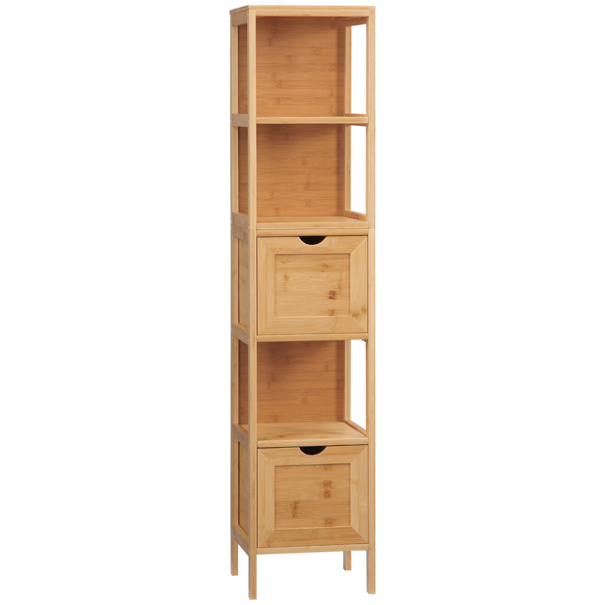 KleanKin Badezimmerschrank, 3 Regale, 2 Schubladen, Bambus, 30 cm x 30 cm x 140 cm, Natur