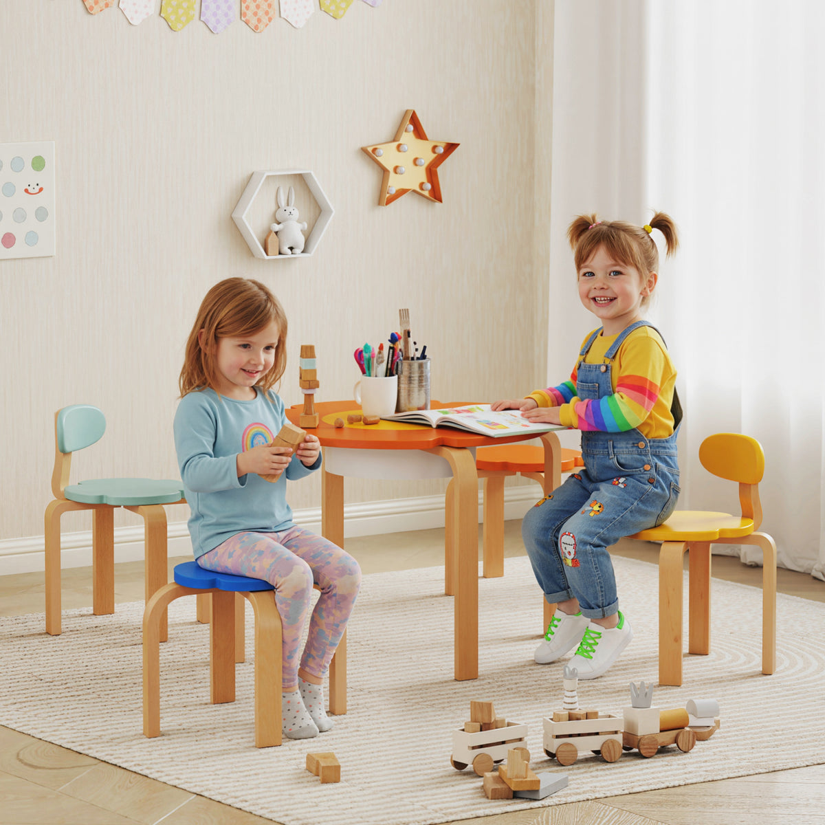 5-teiliges Kindertisch- und Stuhl-Set, mit Aufbewahrungstasche, Blumenform, für Spielzimmer – Produktabbildung 2