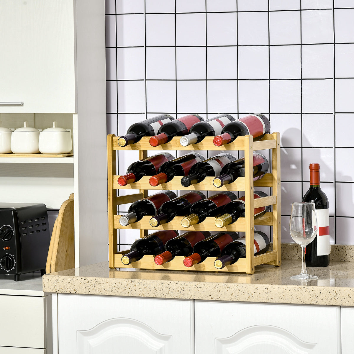 HOMCOM Weinregal aus Bambus für 16 Weinflaschen, 4 Regale, 43 cm x 23,5 cm x 38 cm Natur – Produktabbildung 9