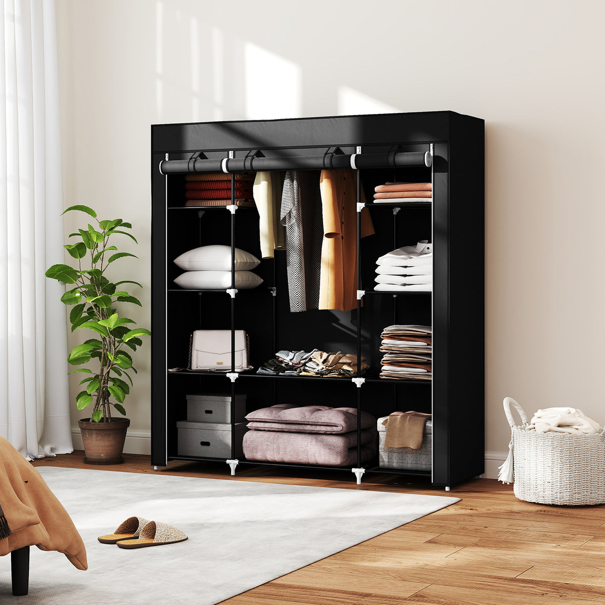 HOMCOM Stoffschrank aus Vlies, Faltschrank, 1 Kleiderstange, 9 Regale, 150 cm x 43 cm x 162,5 cm – Produktabbildung 2
