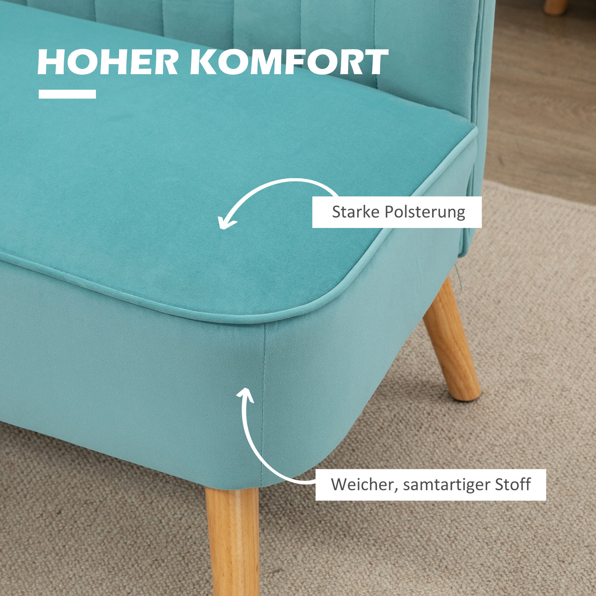HOMCOM Sofa Retrodesign 2-Sitzer-Sofa, Holzbeine, 117 cm x 56,5 cm x 77 cm, Grün – Produktabbildung 4
