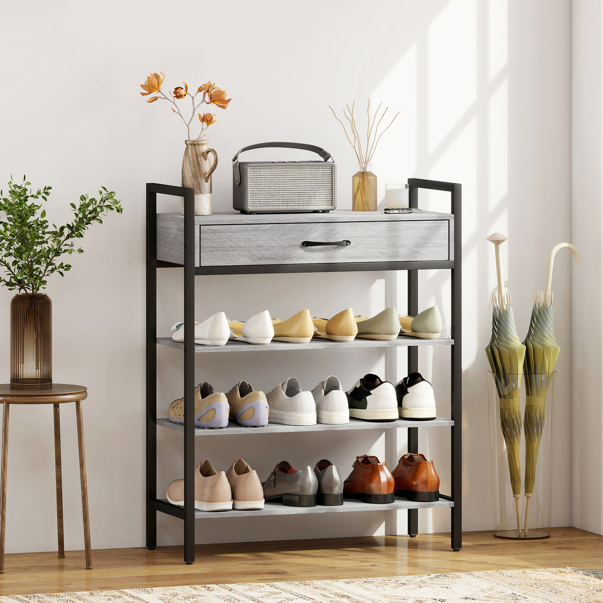 HOMCOM 4-stufiges Schuhregal, Flurregal für bis zu 9 Paar Schuhe, Spanplatte, Metall, Grau – Produktabbildung 2