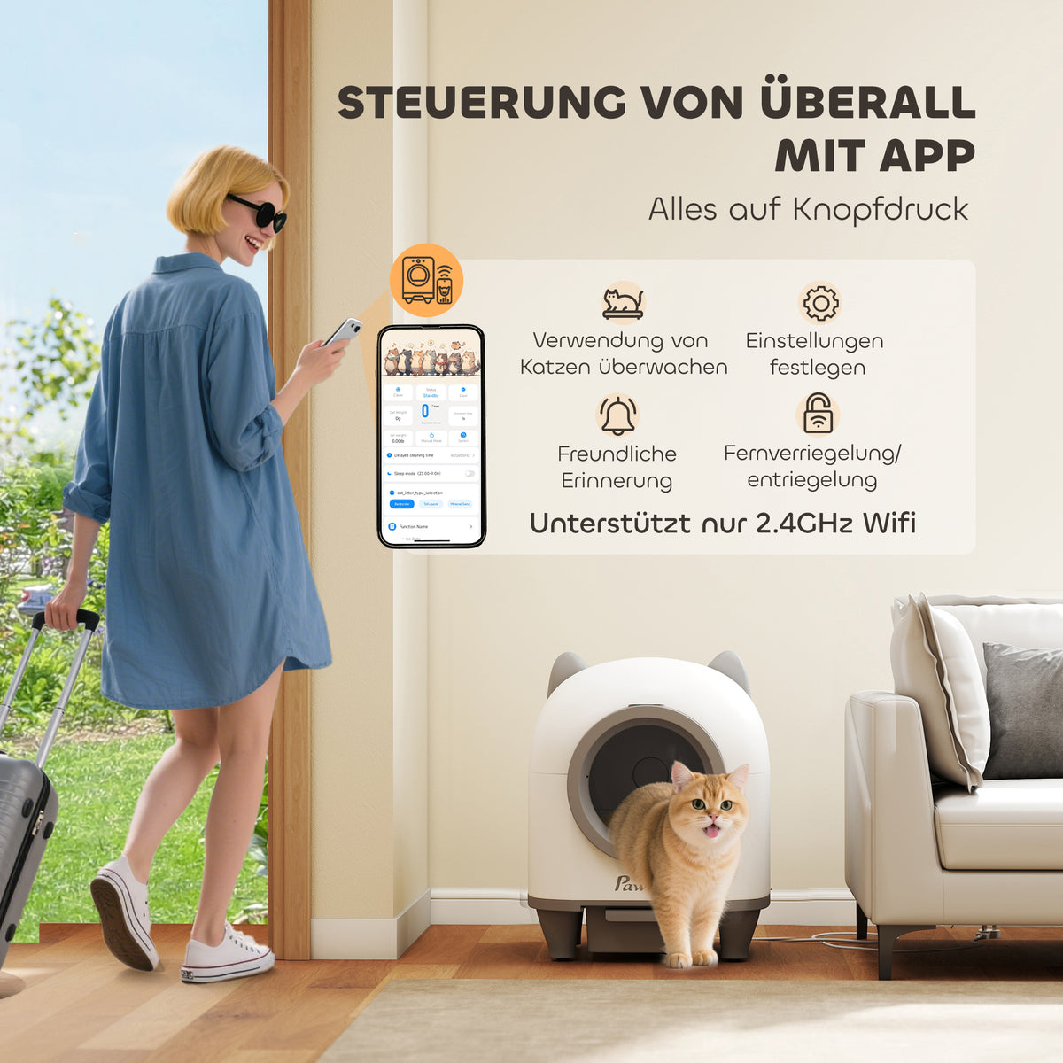 PawHut Selbstreinigende Katzentoilette mit App-Steuerung 80 L Geruchsbeseitigung für Mehrere Katzen – Produktabbildung 5