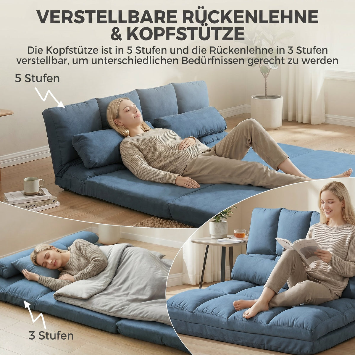 HOMCOM Bodensofa Schlafsofa Sofa, klappbar, verstellbare Rückenlehne, 102 cm x 73 cm x 60 cm , Blau – Produktabbildung 4