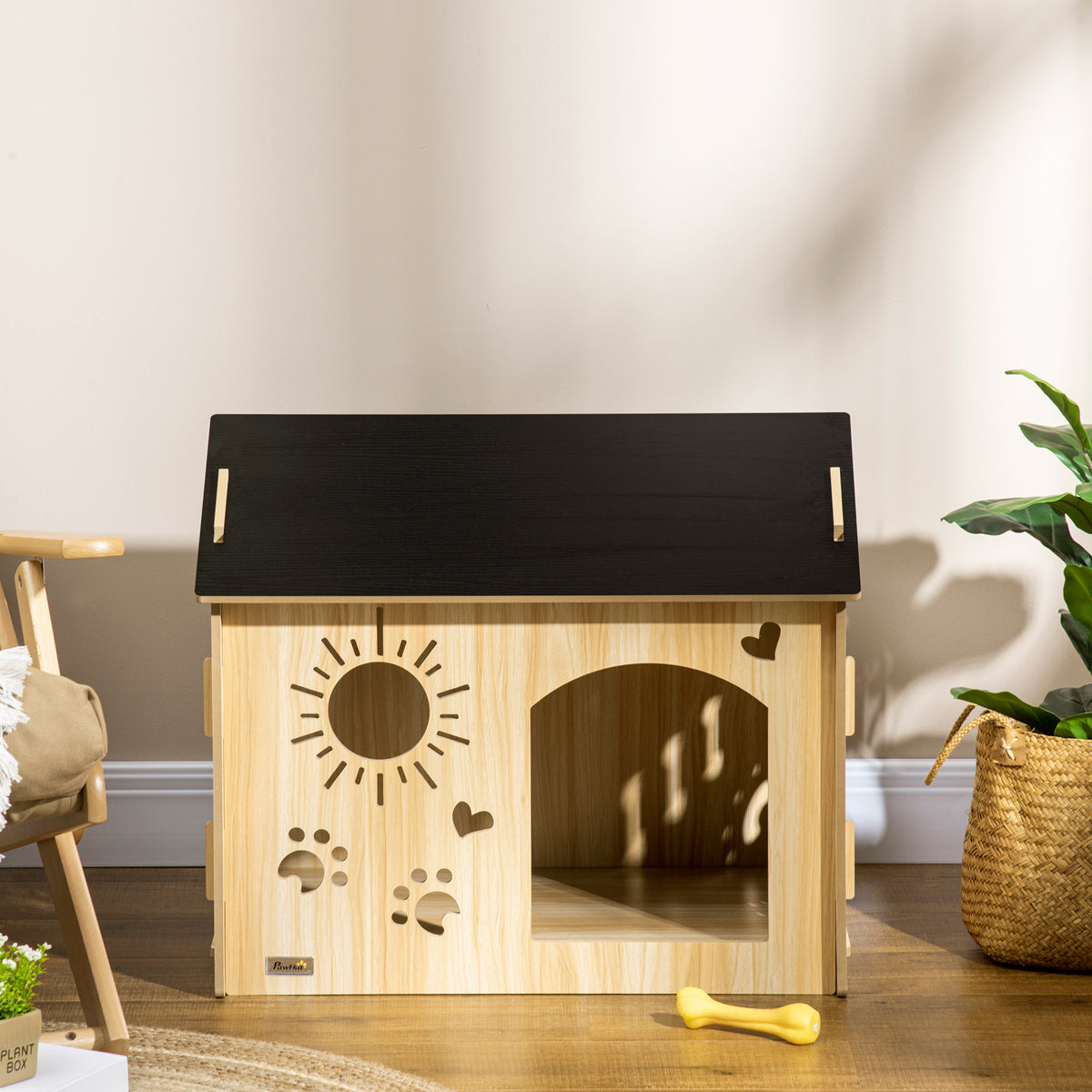 PawHut Hundehütte, mit Lüftungsöffnungen, wetterfest, Holzmaterial, Schwarz+Holzfarbe, 69 x 50 x 58,5 cm – Produktabbildung 2