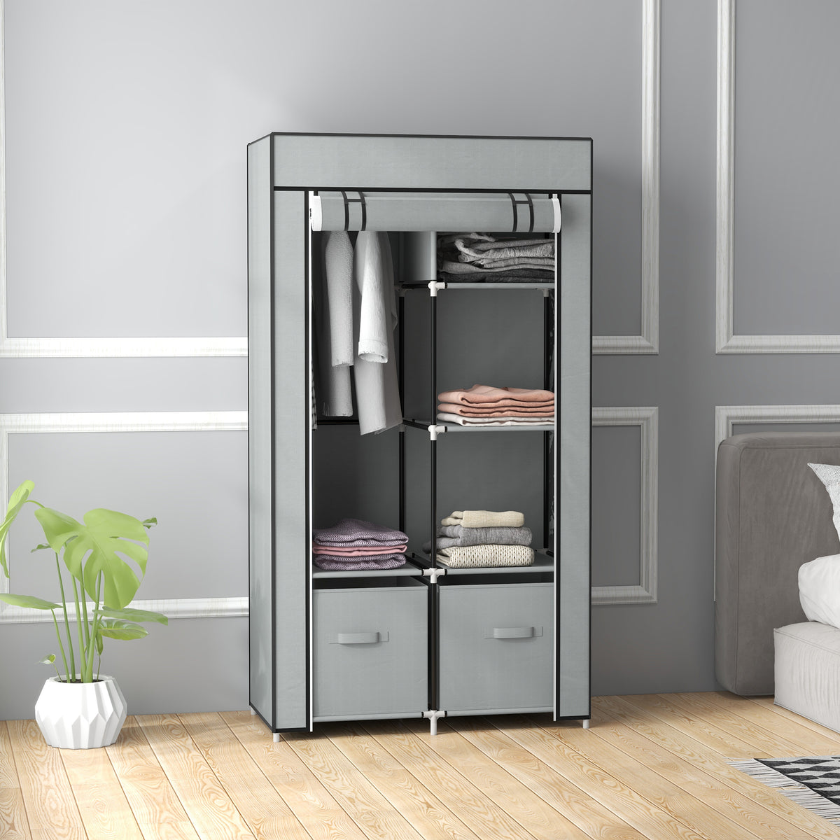 HOMCOM Kleiderschrank Stoffschrank 1 Kleiderstange, 2 Schubladen, 83 x 42.5 x 162,5 cm, Grau – Produktabbildung 2