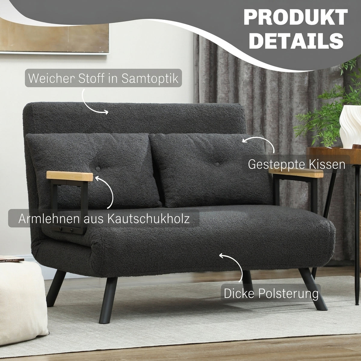 HOMCOM Schlafsofa 2er-Sofa mit Schlaffunktion, inkl. 2 Kissen, Sherpa-Optik, Natur + Dunkelgrau + – Produktabbildung 6