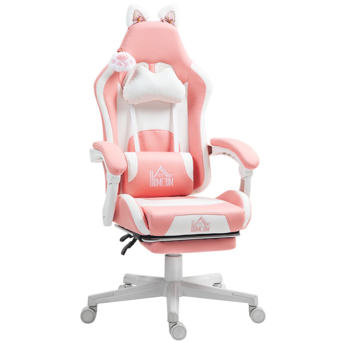 HOMCOM Gaming-Sessel mit Katzenohren, neigbare Lehne, ausziehbare Fußstütze, bis 120 kg, Rosa/Weiß