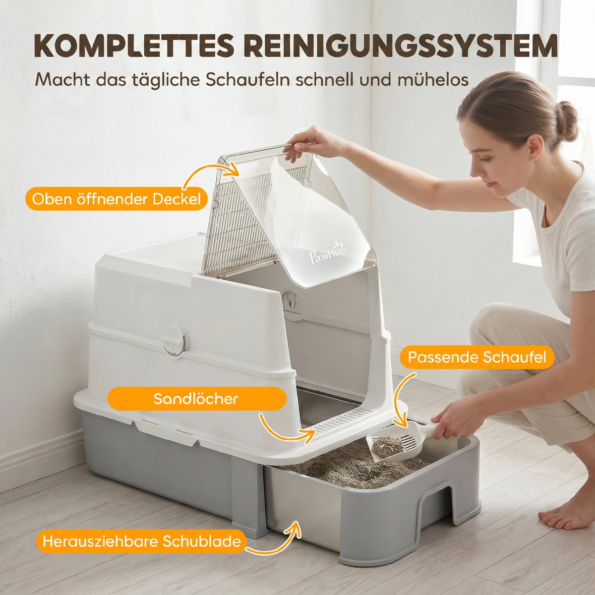PawHut Katzentoilette aus Edelstahl mit Deckel, XL Katzenstreubox mit Schaufel, herausziehbare Wanne – Produktabbildung 7