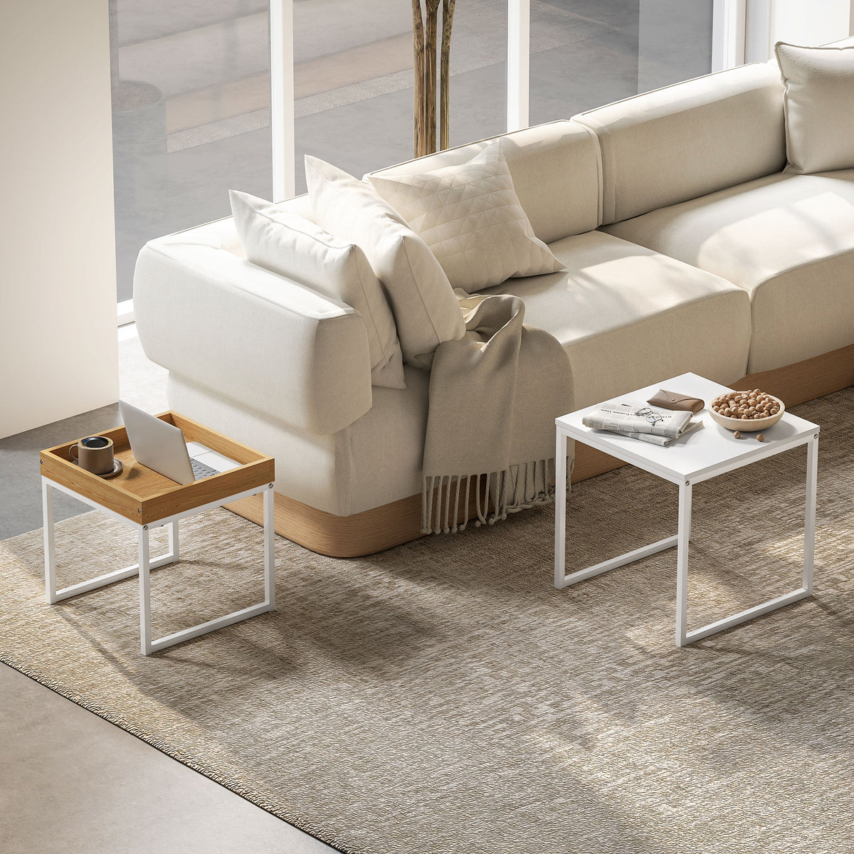 HOMCOM Moderner Couchtisch, 2er-Set Sofatisch, für kleine Räume, Quadratisch, MDF, Metall, Weiß – Produktabbildung 2