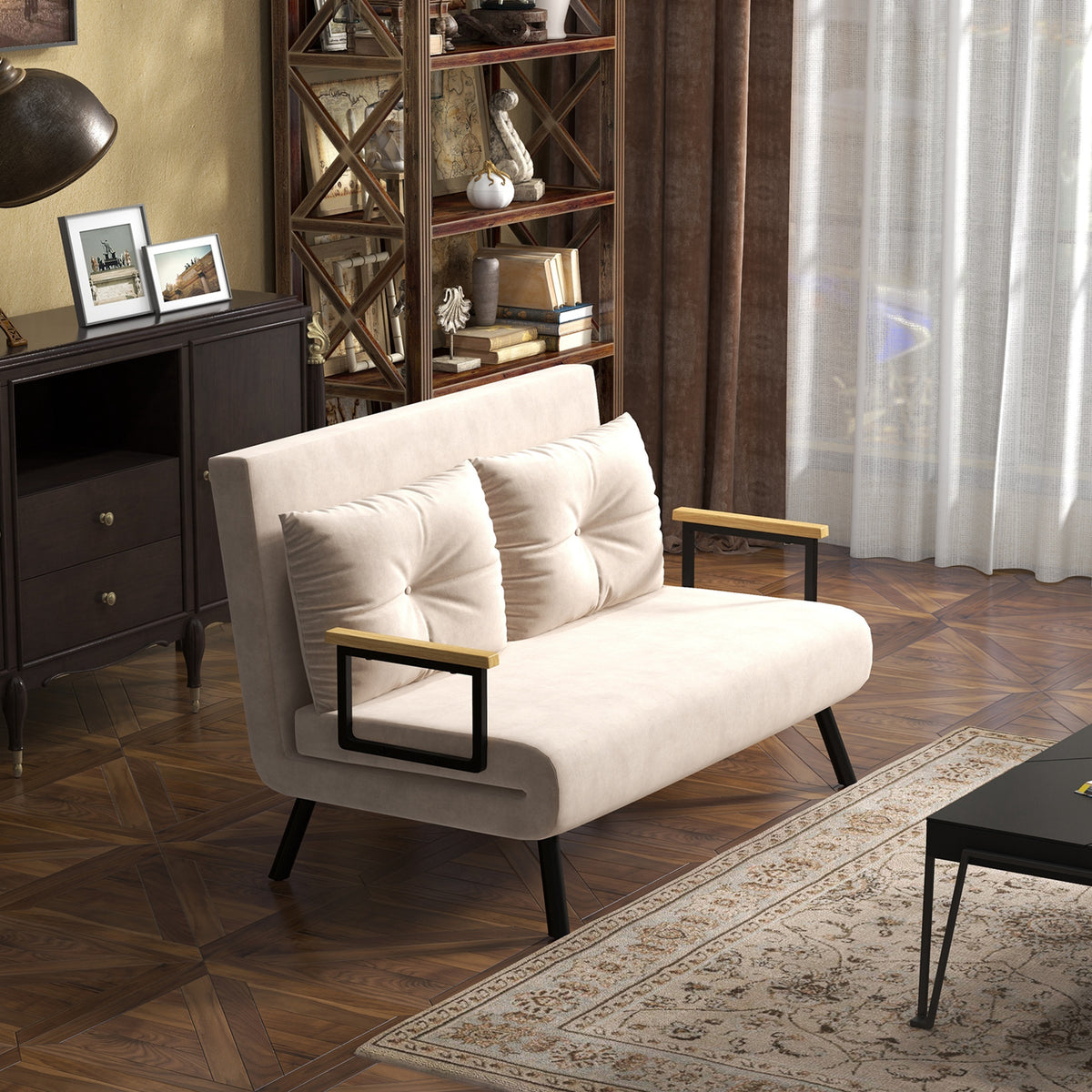 HOMCOM Schlafsofa 2er-Sofa Samtsofa, Schlaffunktion, inkl. 2 Kissen, Samtoptik, Natur + Beige + Schwarz – Produktabbildung 2