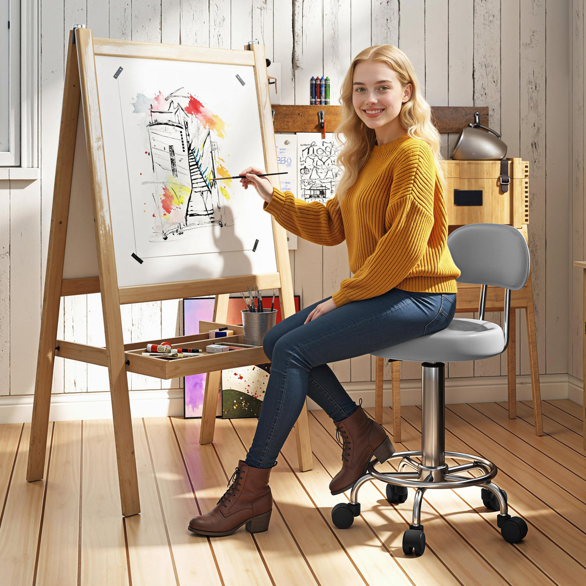 HOMCOM Rollhocker, Drehbarer und verstellbarer Hocker mit Rückenlehne, Kunstlederbezug, Fußstütze, für – Produktabbildung 2
