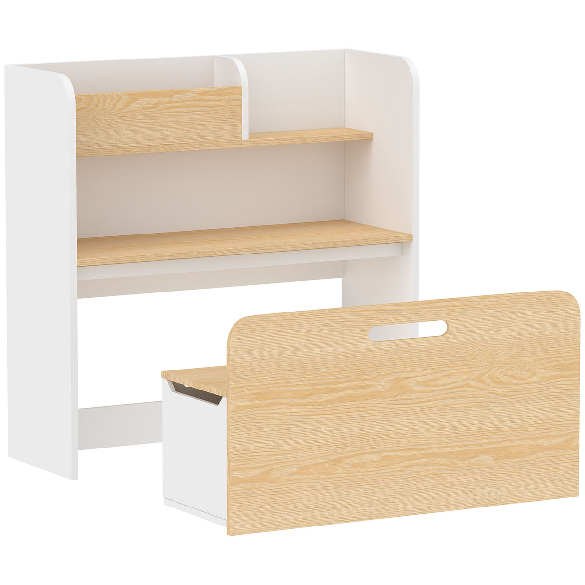 Kindertisch mit Sitzbank 5-in-1 Kindersitzgruppe mit Bücherregal, rollbar Kindertruhenbank mit