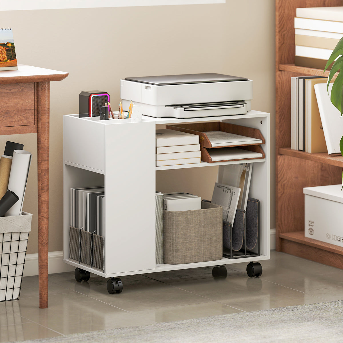 HOMCOM Druckerständer Druckertisch mit Unterteiltem Fach, Ablageflächen für Büro 70 x 34 x 60 cm Weiß – Produktabbildung 2
