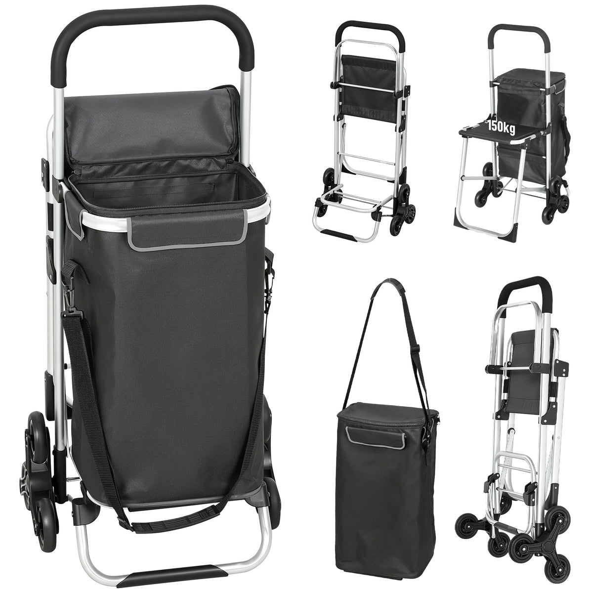 HOMCOM Einkaufstrolley, 40 L Oxford-Tasche, 3-Rad-Design, Aluminiumrahmen, Sitz, Duneklgrau