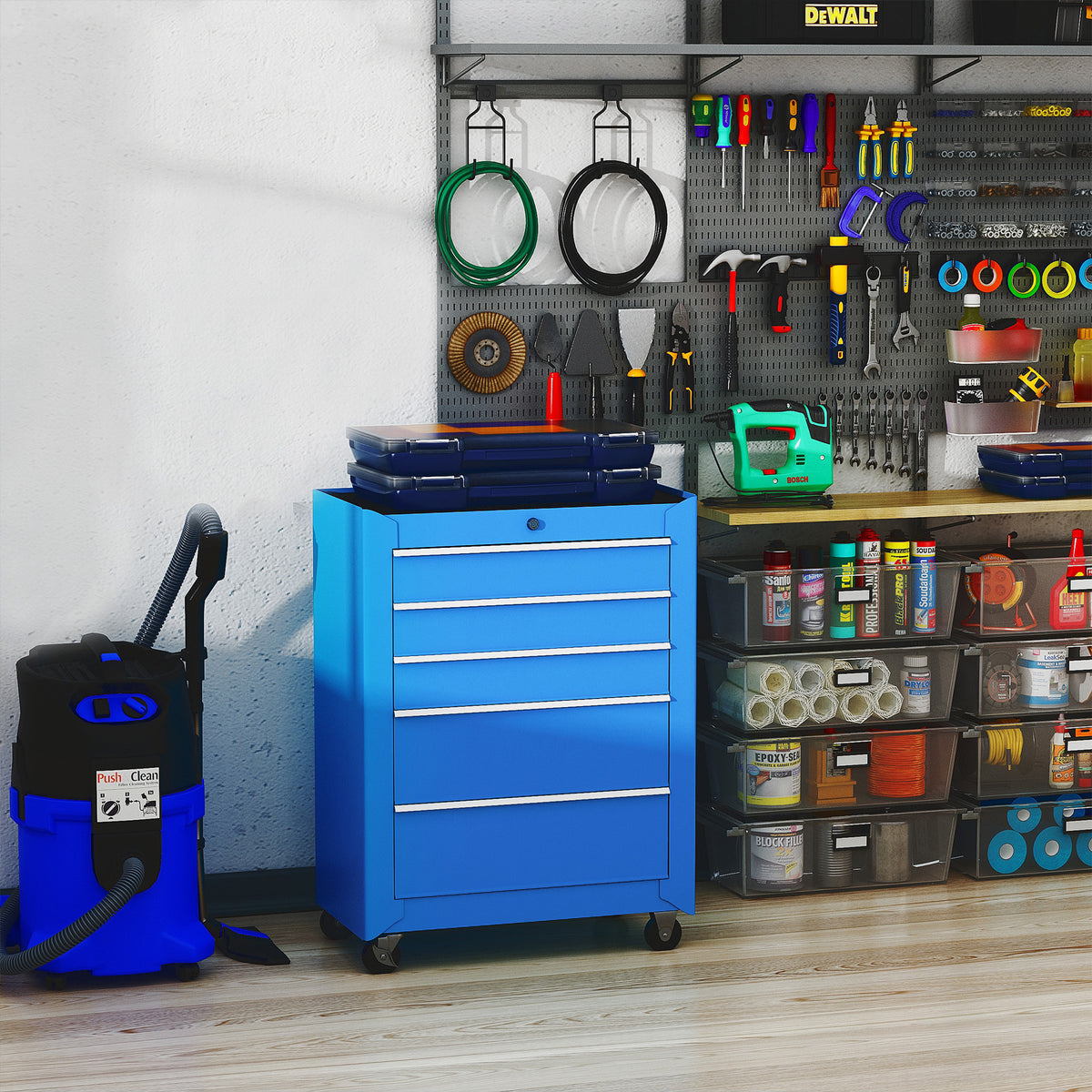 HOMCOM Werkzeugschrank, Werkzeugkiste, 5 Schubladen, rollbar, Stahl, Blau – Produktabbildung 2