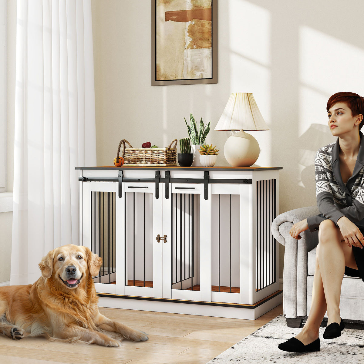 PawHut Hundekäfig mit 2 Türen, Hundebox, Transportbox für Hunde, rustikales Design, verriegelbar, Weiß – Produktabbildung 2