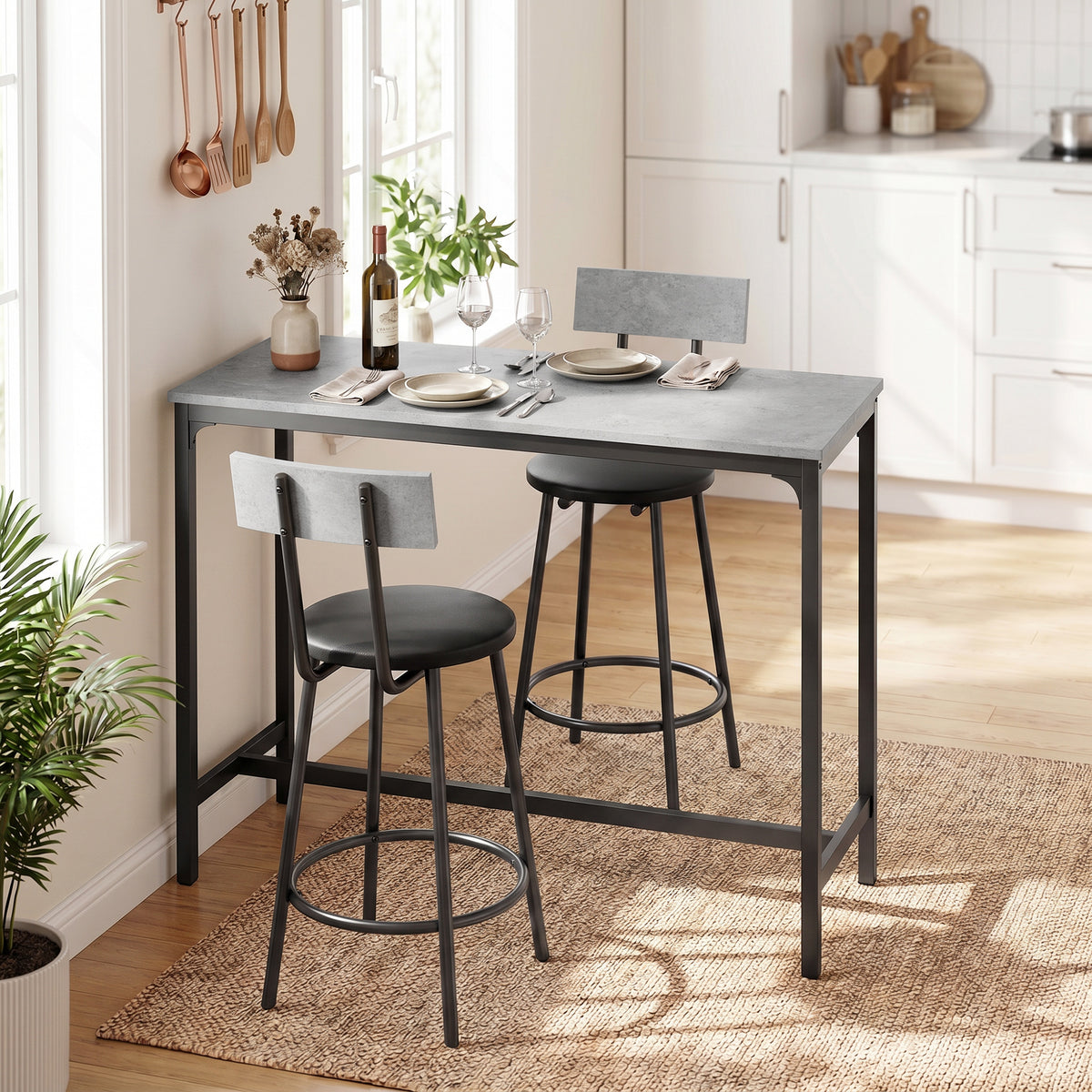 HOMCOM Bartisch mit Barhocker Set Tresentisch mit 2 gepolsterten Hockern mit Fußstütze für Esszimmer – Produktabbildung 2