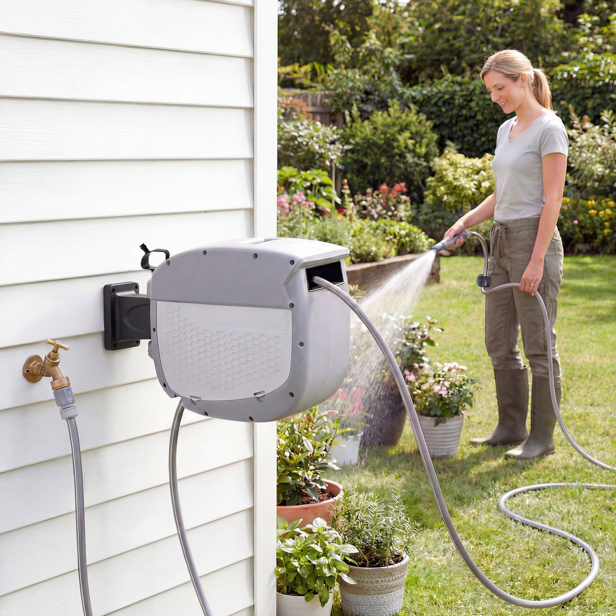 Outsunny Schlauchtrommel mit Gartenschlauch 30 m, 180° schwenkbar Schlauchbox mit automatische – Produktabbildung 2