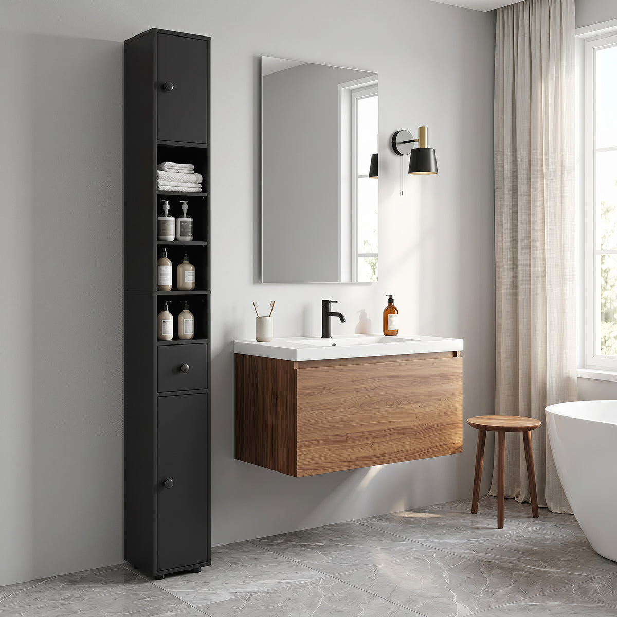 KleanKin 180 cm Schmaler Badezimmerschrank, Toilettenpapierregal mit offenen Fächern, 2 Schränken – Produktabbildung 2