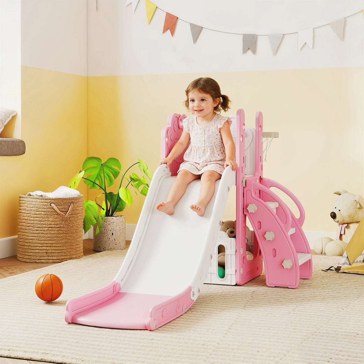 5-in-1 Kinderrutschenset, Teleskop, Basketballkorb, HDPE, Kunststoff, Rosa+Weiß – Produktabbildung 2