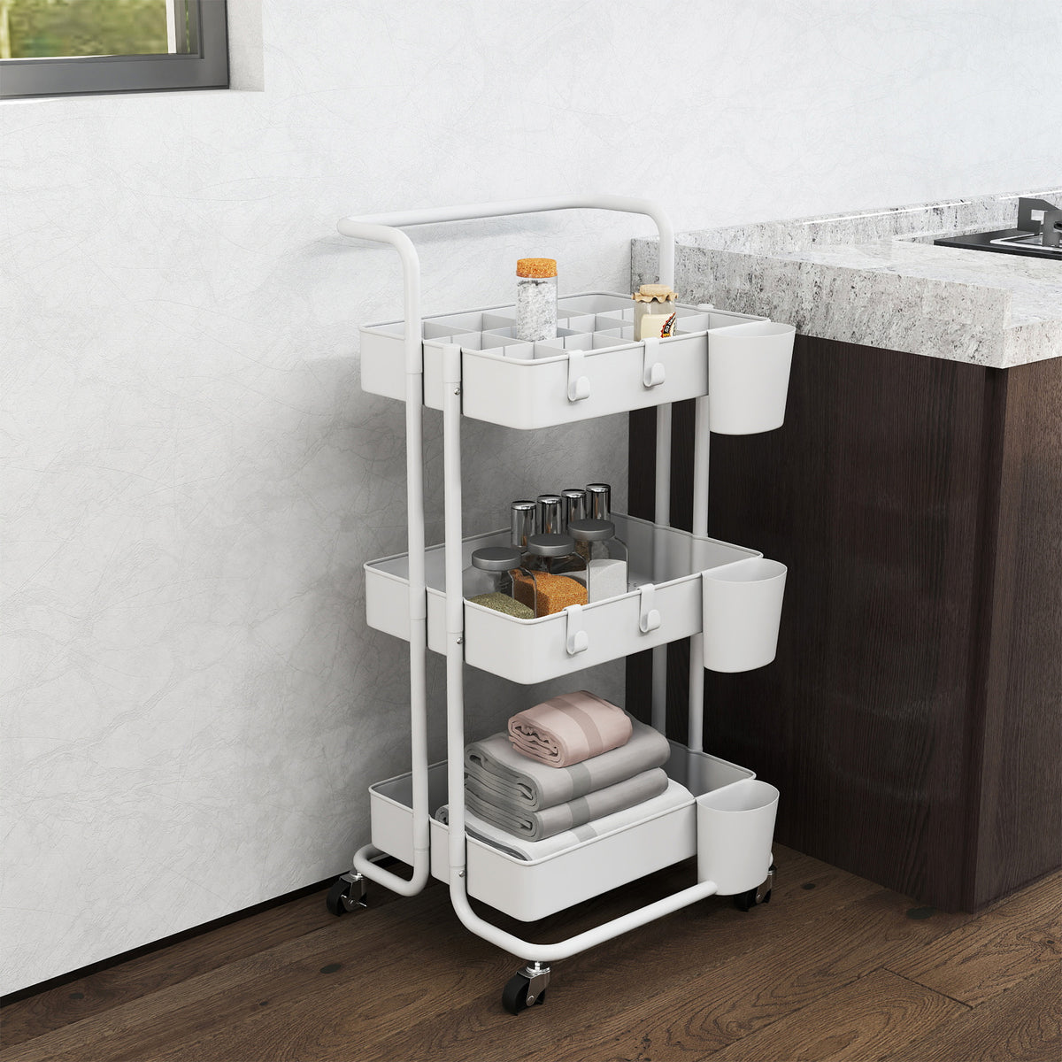 HOMCOM Rollwagen, Servierwagen, 3 Ablagekörbe, 3 Hängeboxen, 4 Haken, Metallrahmen, 42 x 38 x 86,5cm – Produktabbildung 2