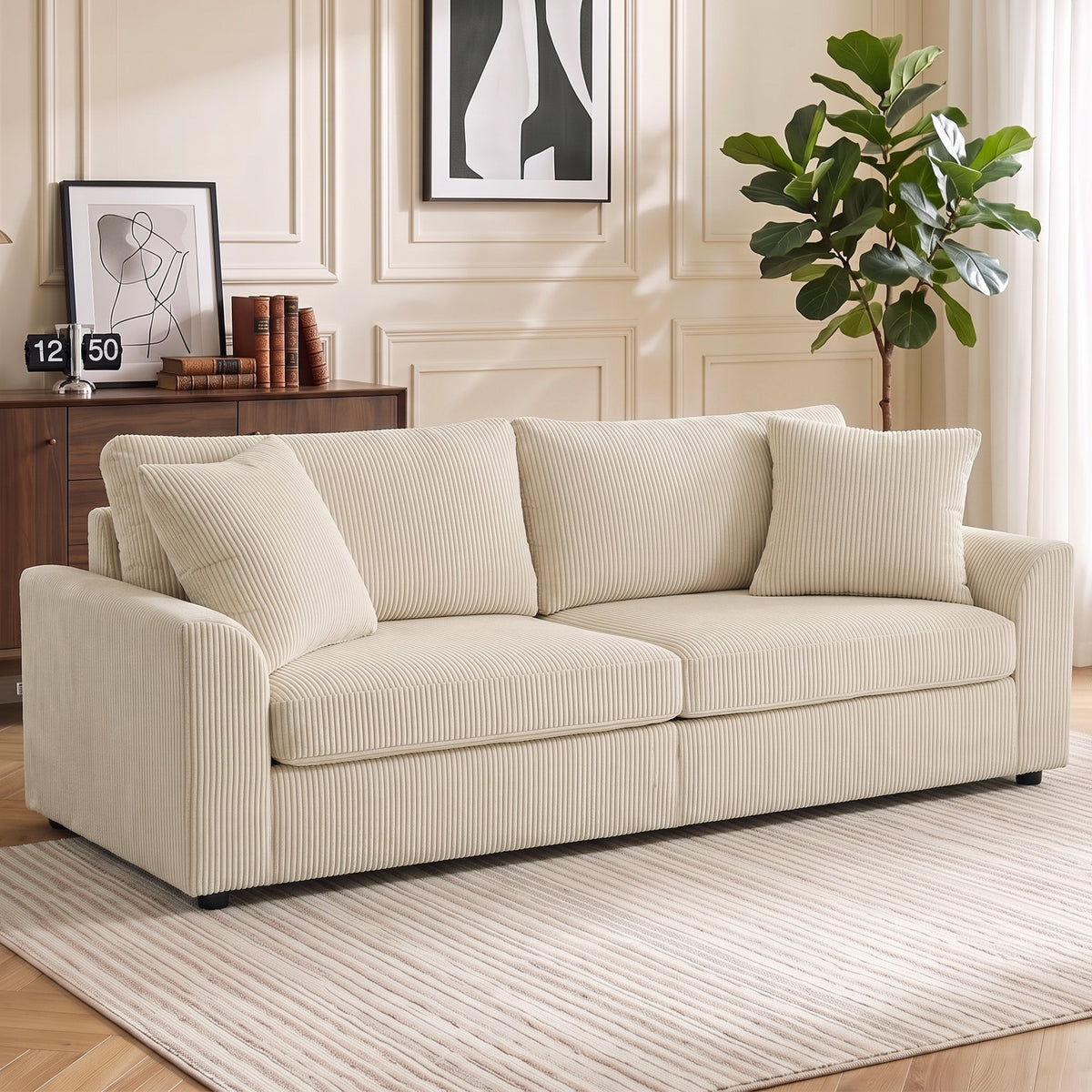 HOMCOM 3-Sitzer-Sofa mit Zierkissen, Cordsofa für Wohnzimmer, Schlafzimmer, 212 cm breit, Cremeweiß – Produktabbildung 2