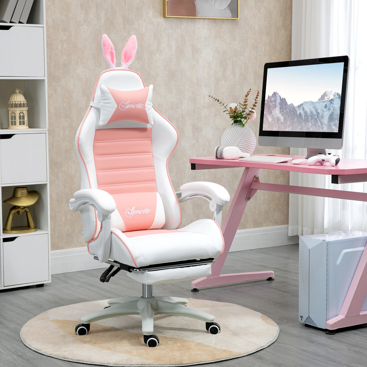 Vinsetto Gaming Stuhl Ergonomischer Gamer Stuhl mit Lendenwirbelstütze, Fußstütze Hasenohren Kopfkissen – Produktabbildung 2
