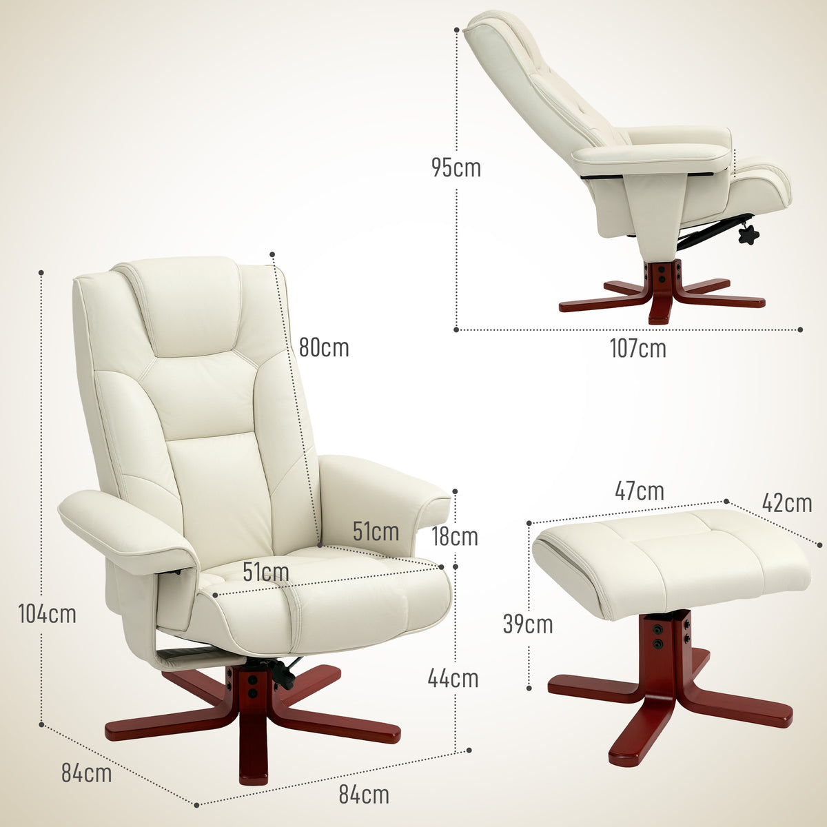 HOMCOM Relaxsessel mit Hocker, Lederoptik, neigbare Lehne, bis 150 kg, Cremeweiß – Produktabbildung 3