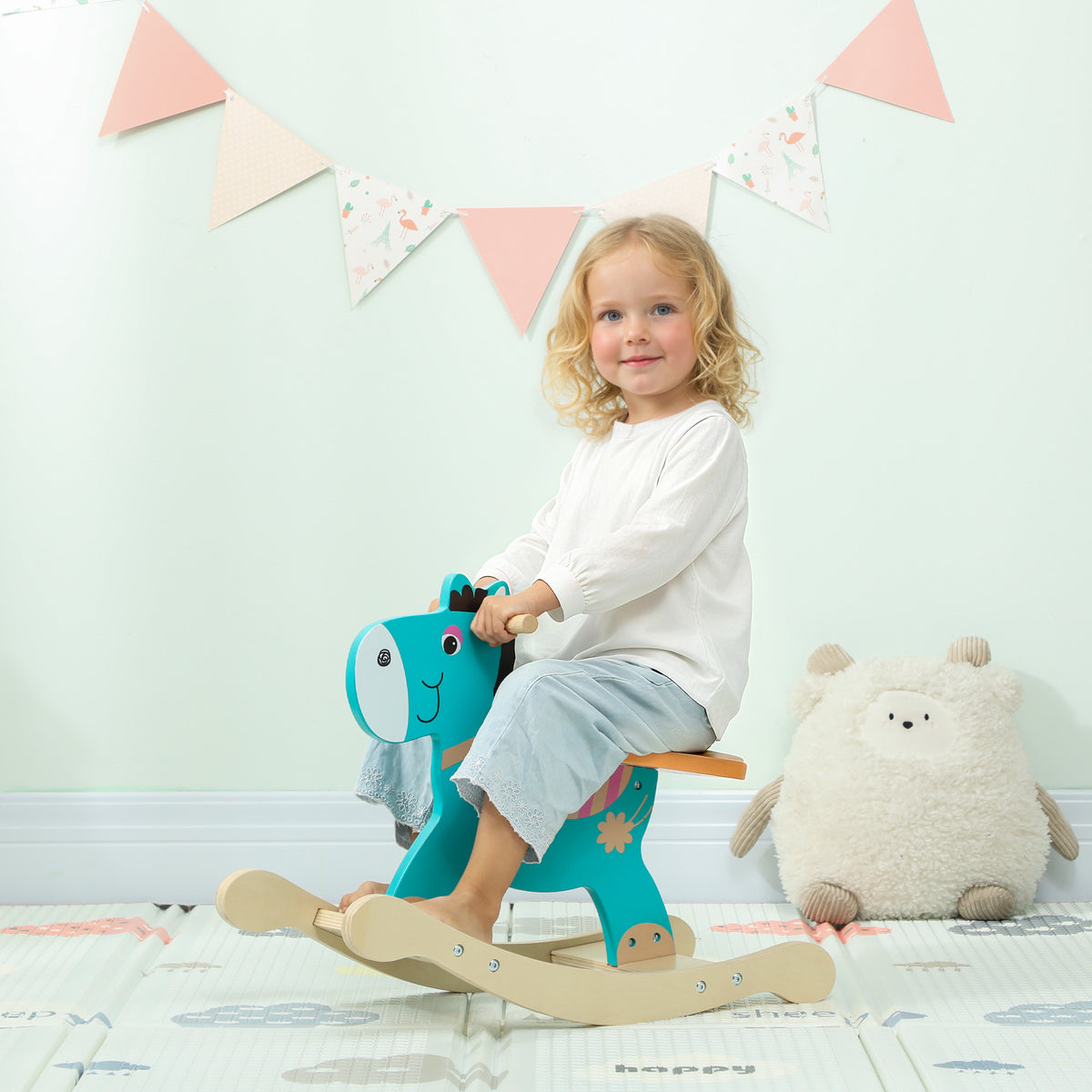 Schaukeltier Esel Baby Schaukelspielzeug mit Haltegriffen Schaukel Schaukelsitz 59 x 27 x 43 cm Blaugrün – Produktabbildung 2