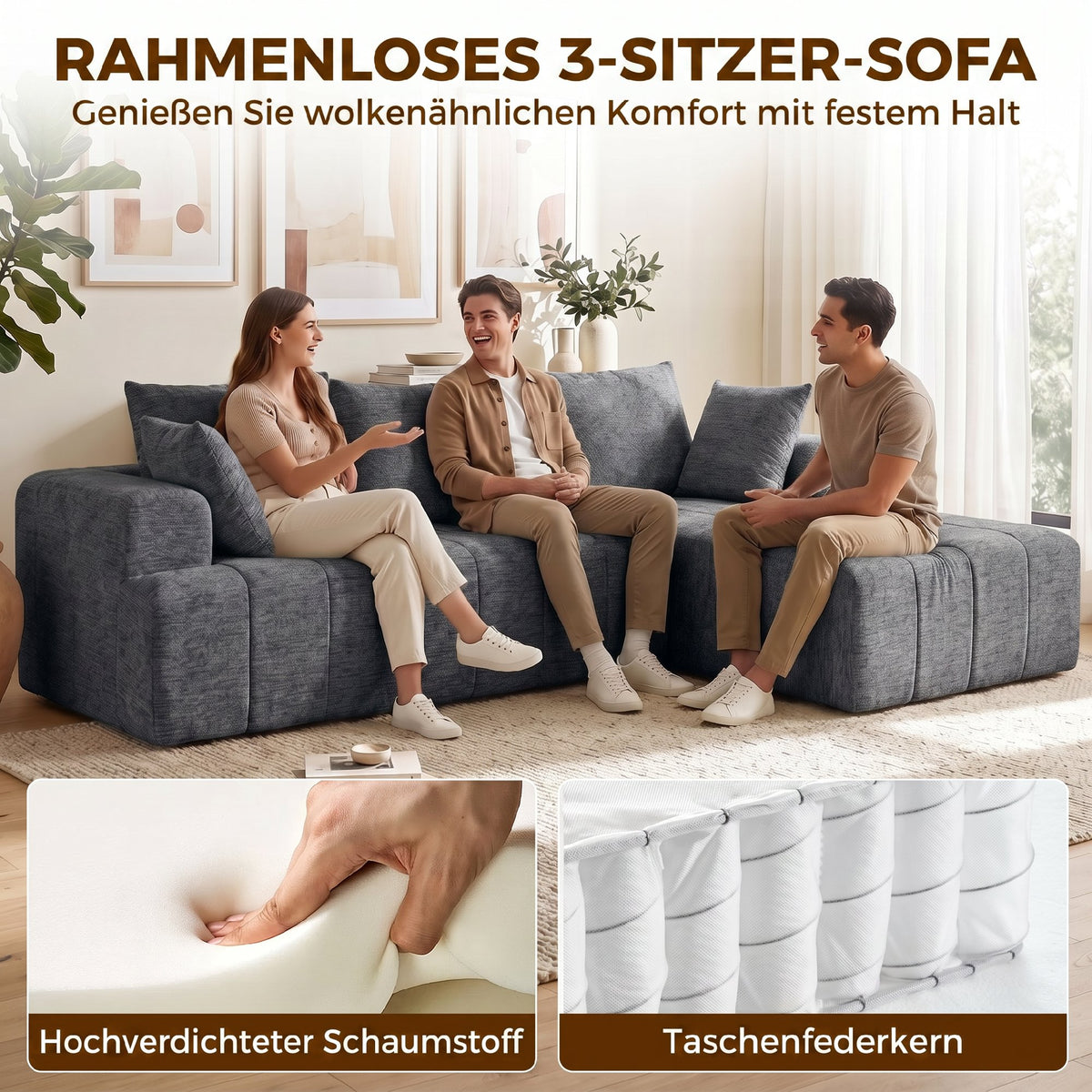 HOMCOM 3-Sitzer Ecksofa in L-Form mit Ottomane, wandelbares Chenille-Cloud-Schlafsofa mit – Produktabbildung 4