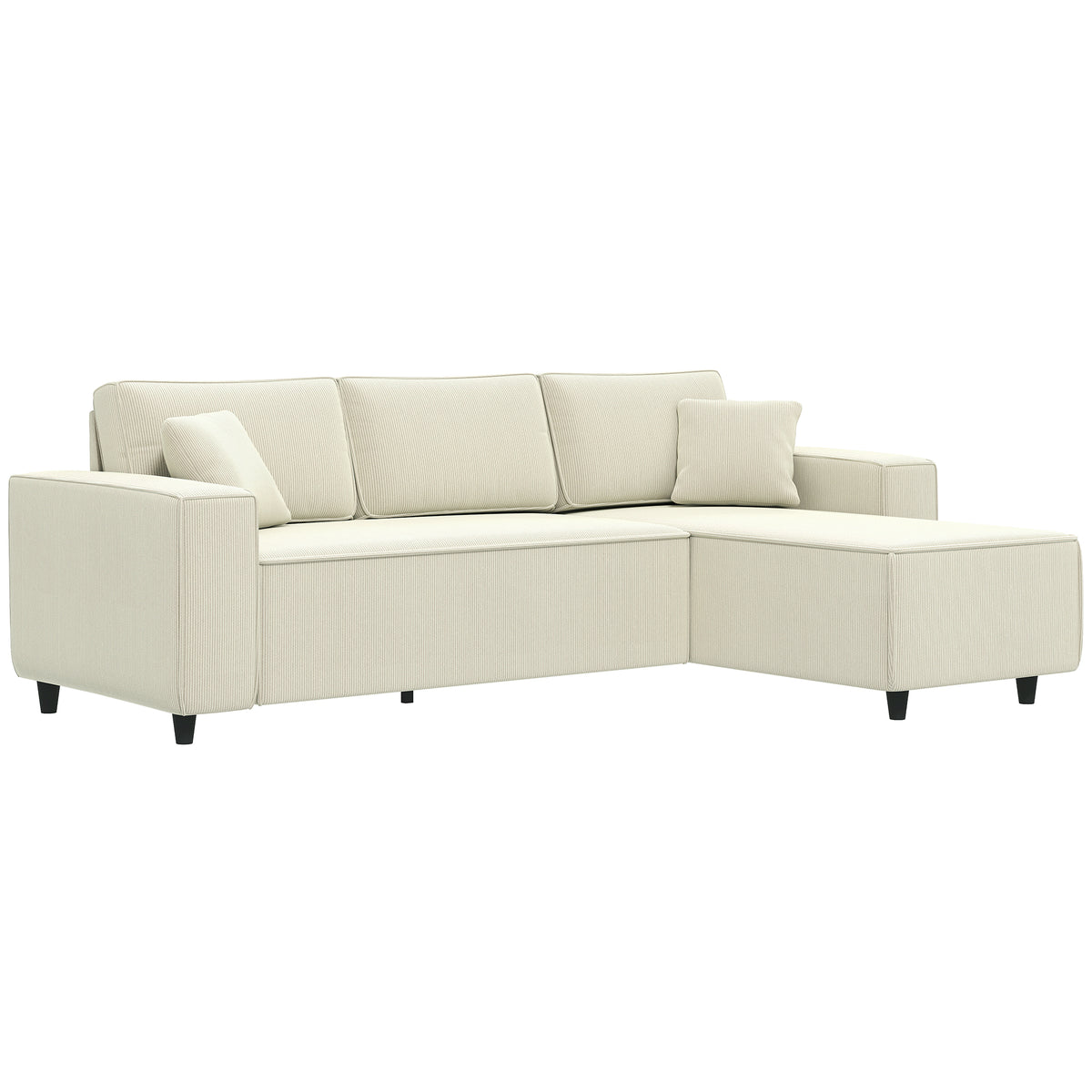 HOMCOM 3-Sitzer-Sofa mit Chaiselongue, Wohnzimmercouch mit Cordbezug, 2 Extra-Kissen, Polstersofa, Cremeweiß