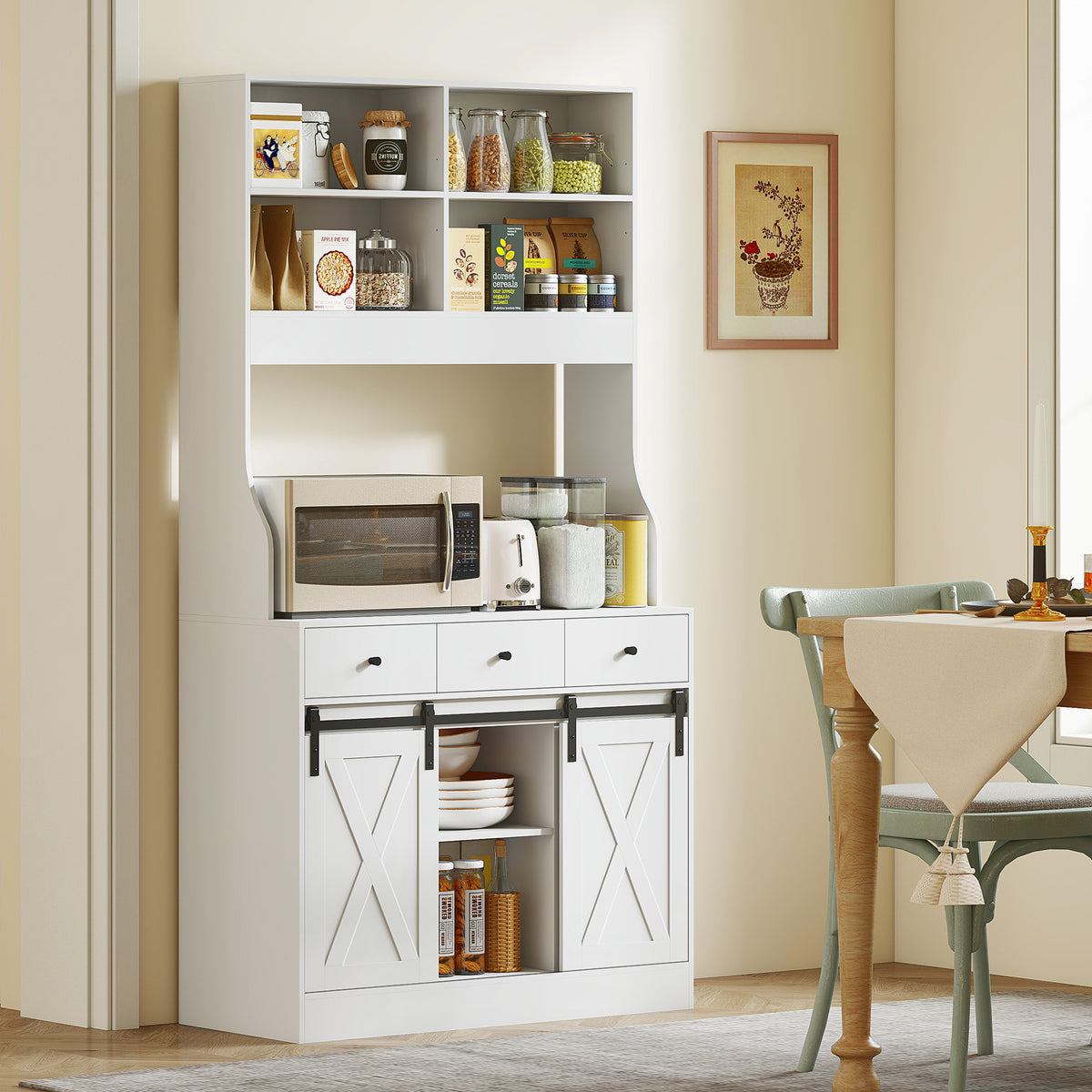 HOMCOM Küchenschrank mit Regalen, Schränken, Schubladen und Ablagefläche, Bauernhaus-Flair – Produktabbildung 10