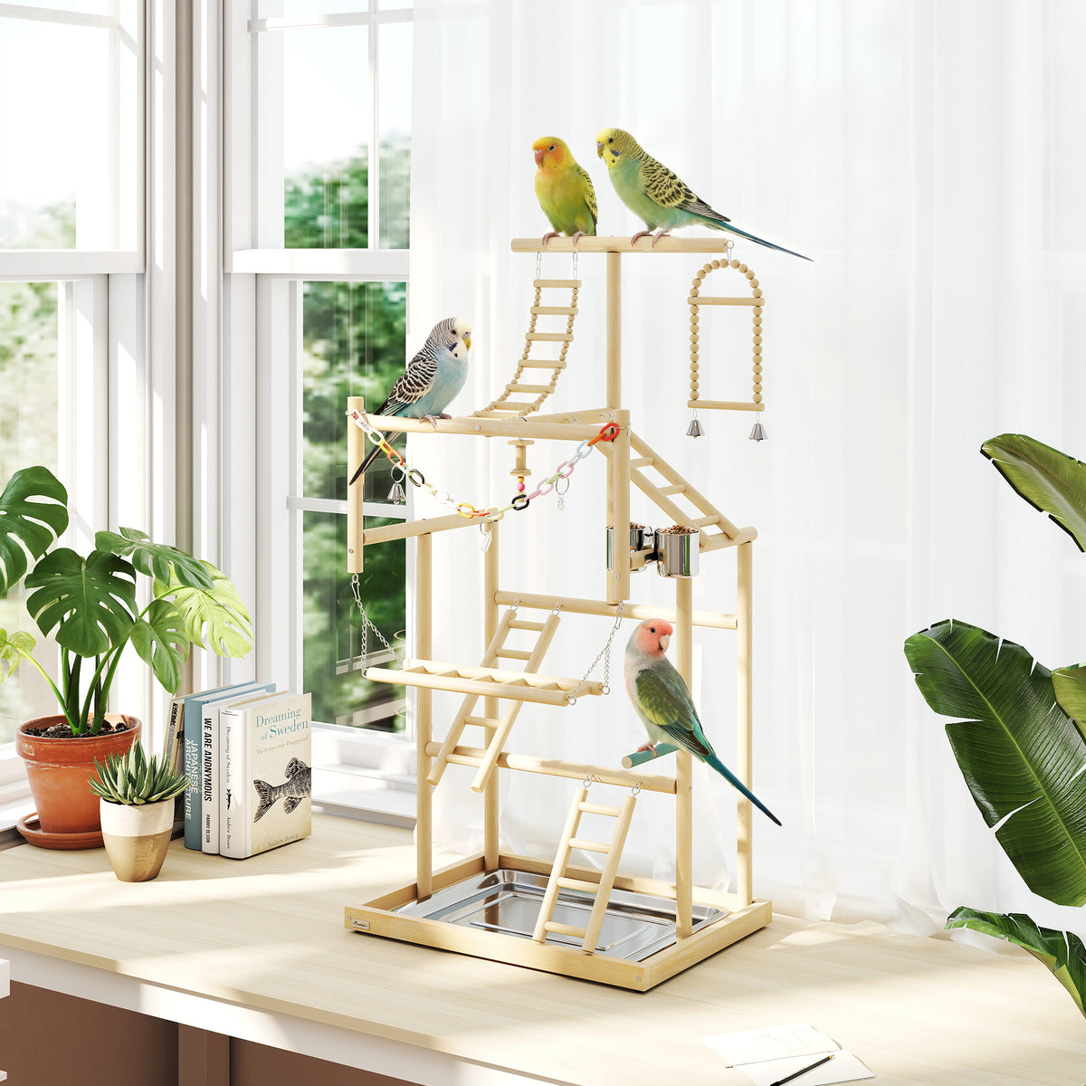 PawHut Vogelständer, Vogelstangen-Set, 4 Ebenen, Edelstahltablett, Spielzeug, Naturholz – Produktabbildung 2