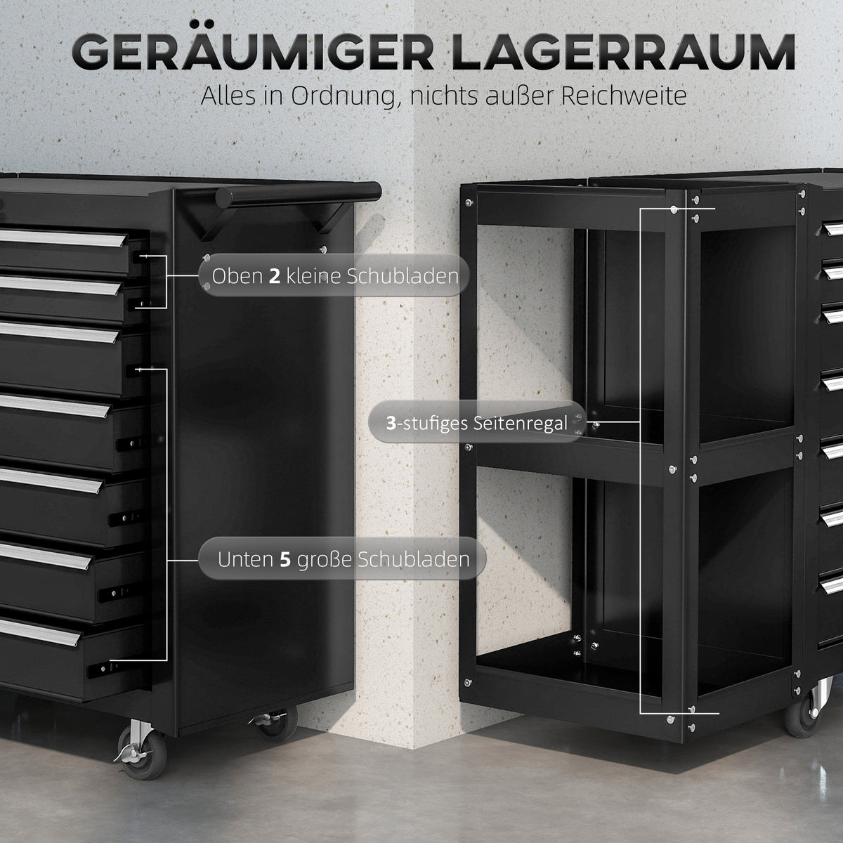HOMCOM Werkstattwagen Werkzeugwagen mit 7 Schubladen abnehmbar Seitenregal 4 Rollen mit Feststellbremse – Produktabbildung 4