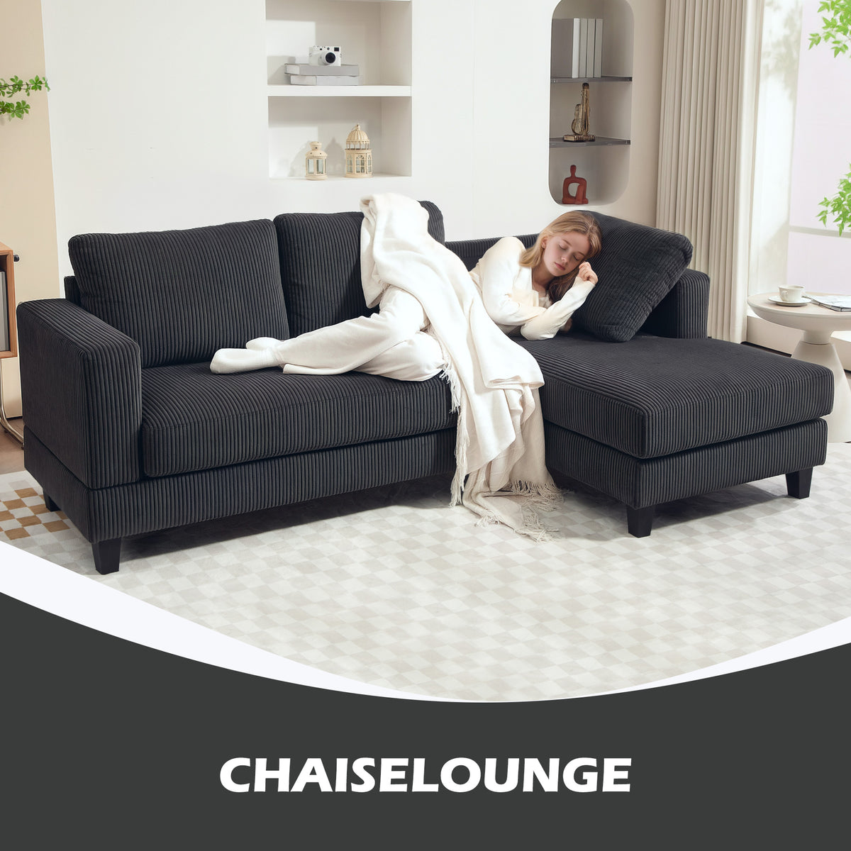 HOMCOM Ecksofa, L-förmiges 3-Sitzer-Sofa mit Chaiselongue, Holzkonstruktion, 8 Beine, Cordstoff – Produktabbildung 4