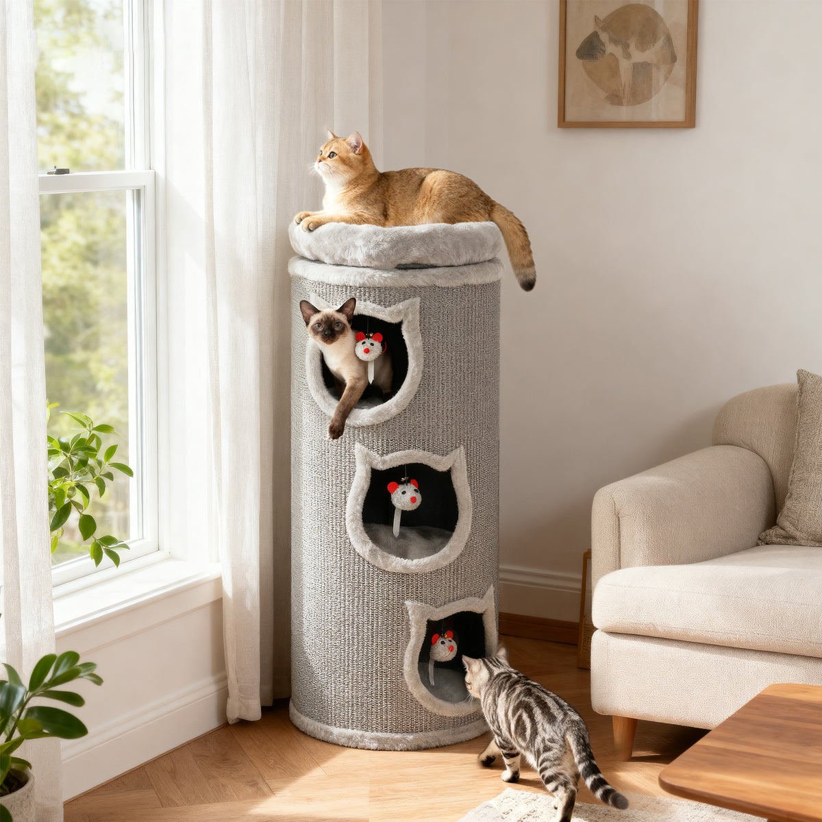 PawHut Katzenkratzfass, 96 cm, 4-Ebenen-Katzenturm mit waschbarem Bett, 3 Schlafhöhlen, Hängespielzeug – Produktabbildung 2