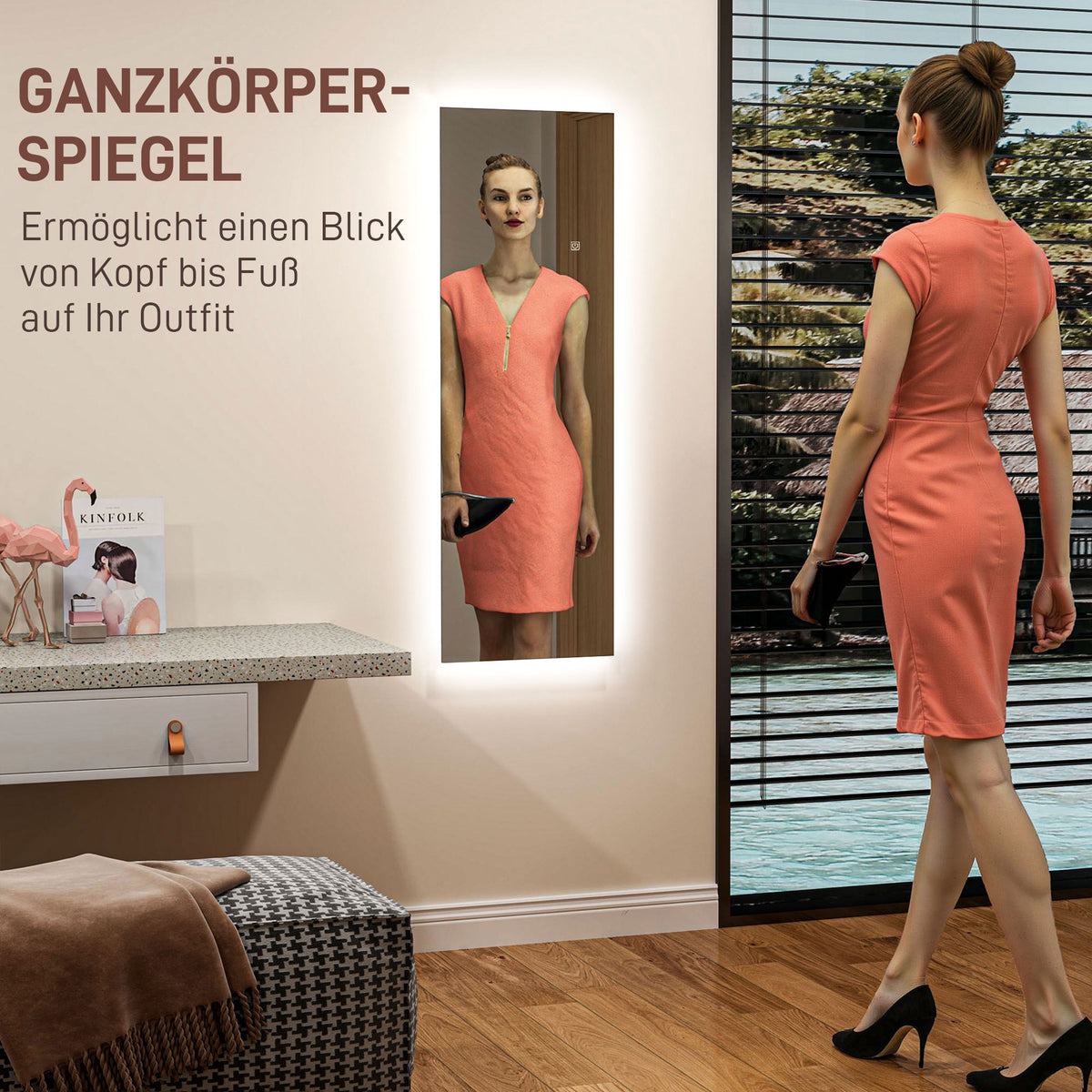 HOMCOM LED Ganzkörperspiegel, dimmbar, rahmenlos, Touch-Steuerung, 40 x 120 cm – Produktabbildung 4