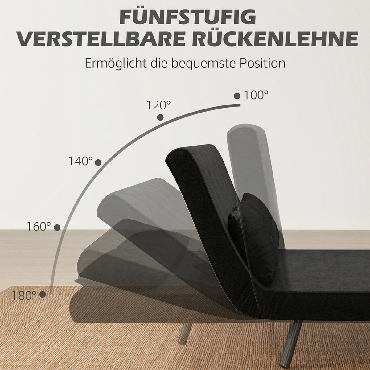 HOMCOM Schlafsofa 2er-Sofa Samtsofa, Schlaffunktion, inkl. 2 Kissen, Samtoptik, Schwarz – Produktabbildung 5