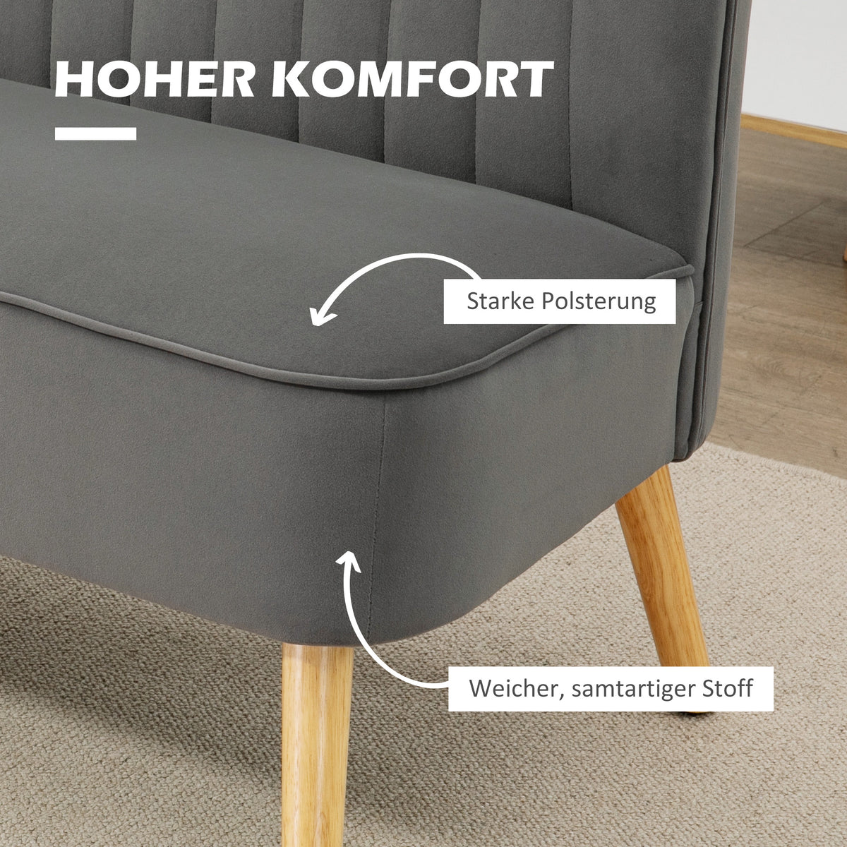 HOMCOM Sofa Retrodesign 2-Sitzer-Sofa, Holzbeine, 117 cm x 56,5 cm x 77 cm, Dunkelgrau – Produktabbildung 4