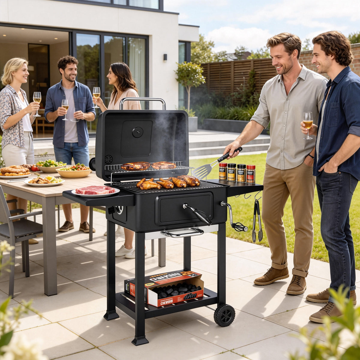 Outsunny Holzkohlegrill BBQ Smoker mit Deckel Thermometer höhenverstellbar Kohlepfanne Kamin Grillrost – Produktabbildung 2