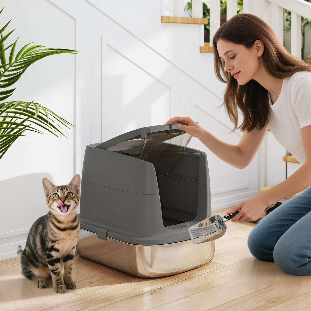 PawHut Große Katzentoilette aus Edelstahl, geschlossene Katzenstreuschale mit Metallschaufel und – Produktabbildung 2