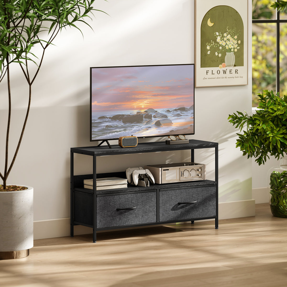 HOMCOM TV Schrank Lowboard mit 2 Schubladen, offenem Fach, für Fernseher bis 47 Zoll, 98 x 29 x 56 cm – Produktabbildung 2