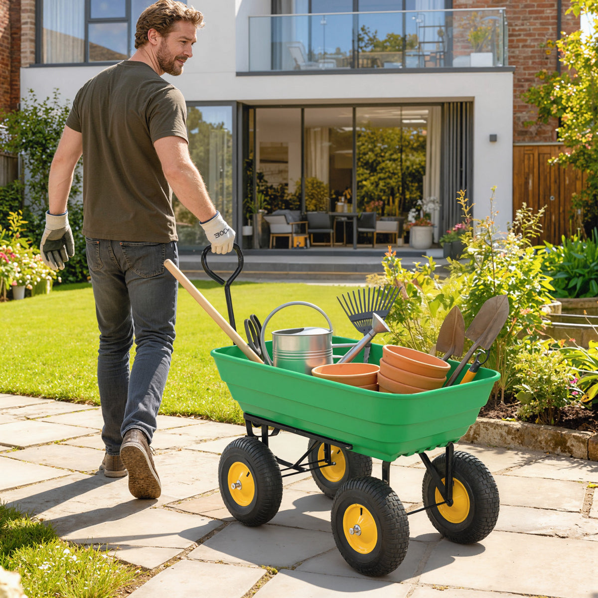 Outsunny Gartenwagen mit Kippfunktion bis 200 kg Handwagen mit 75 Liter Kunststoffwanne Ziehgriff – Produktabbildung 2