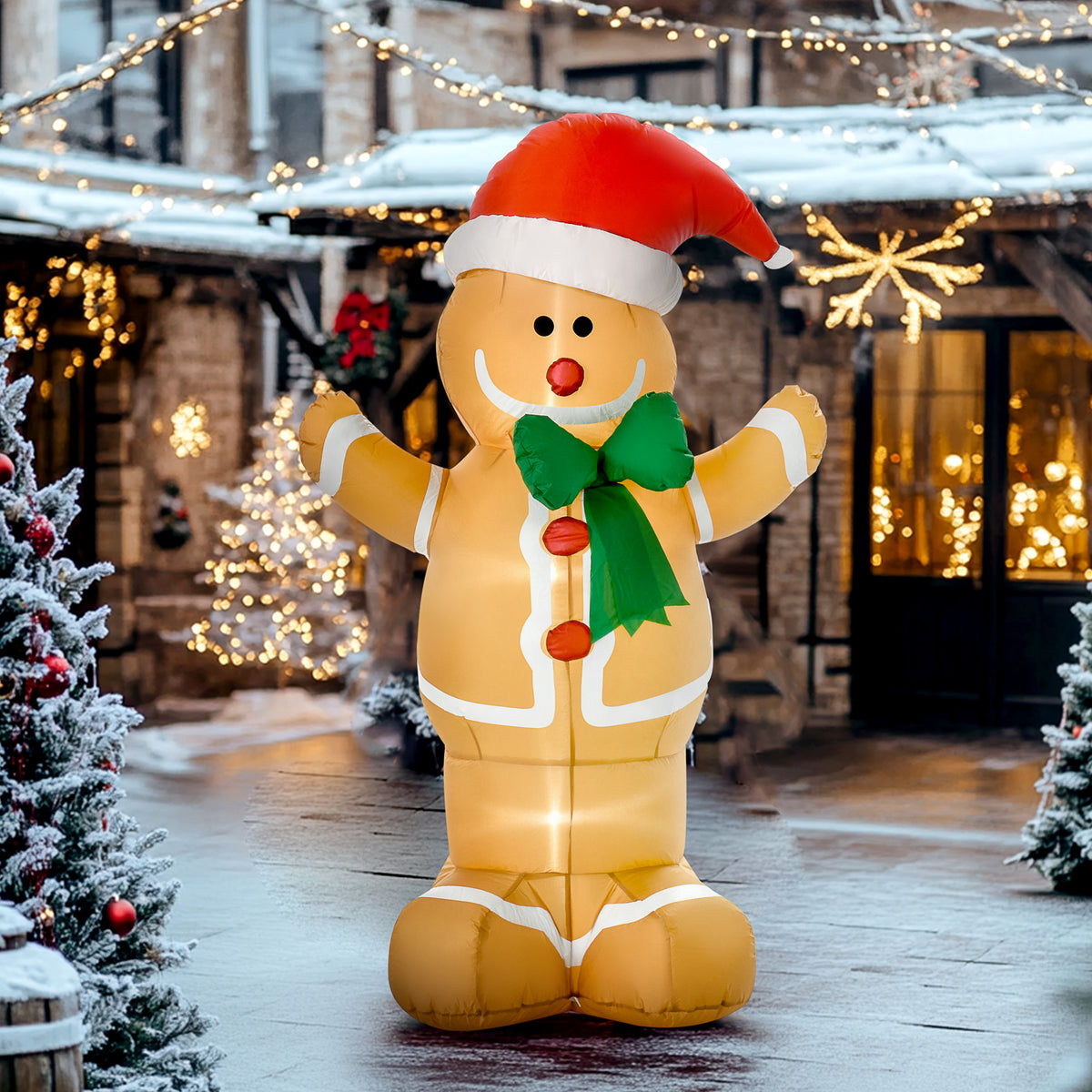HOMCOM Aufblasbare Weihnachtsdeko 1,83 m Lebkuchenmann mit Schleife, 3 LEDs, internes Gebläse Gartendeko – Produktabbildung 2
