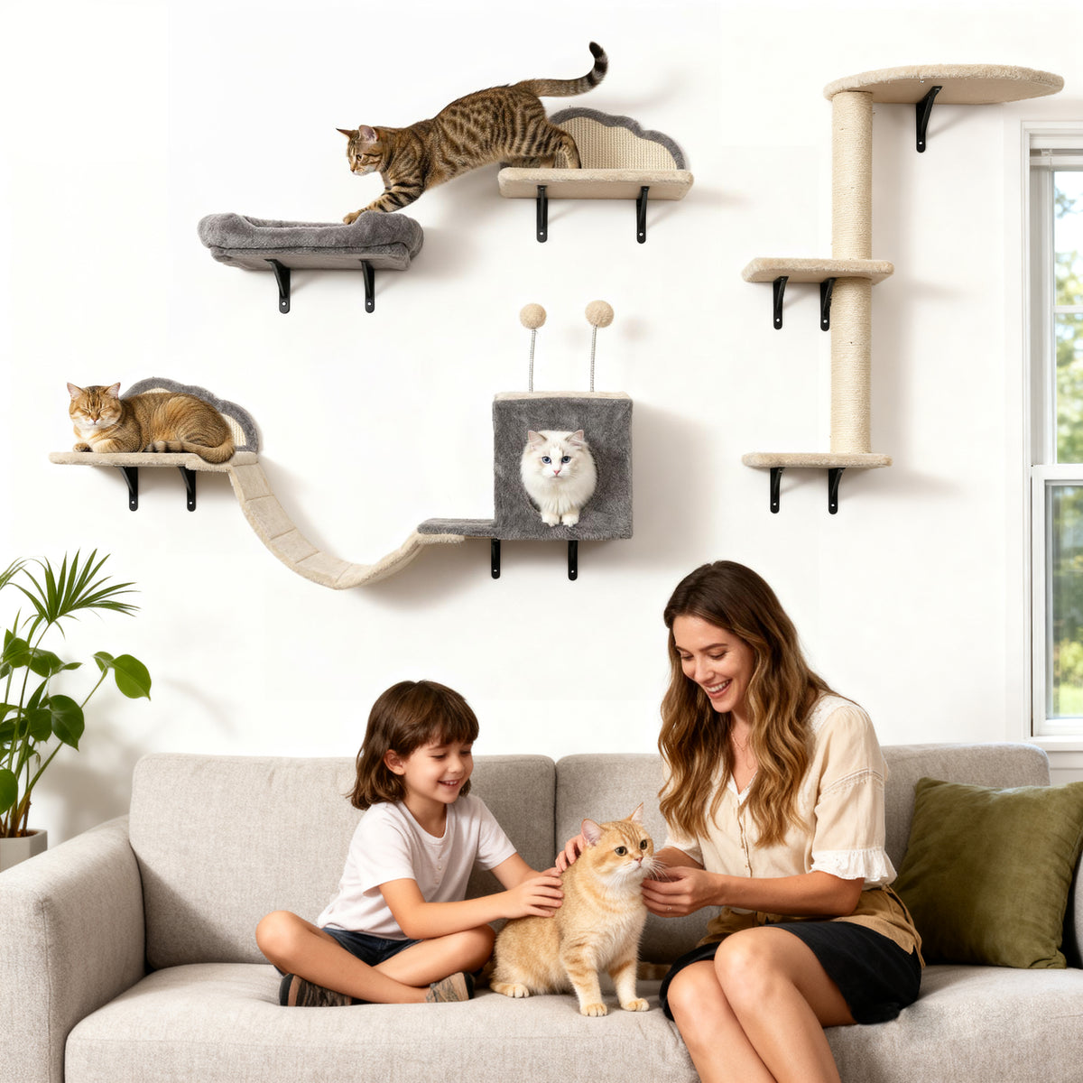 PawHut Wandmontiertes Kratzbaum-Set, Sisalkratzflächen, 4 Teile, für 1-3 Katzen, Beige – Produktabbildung 2